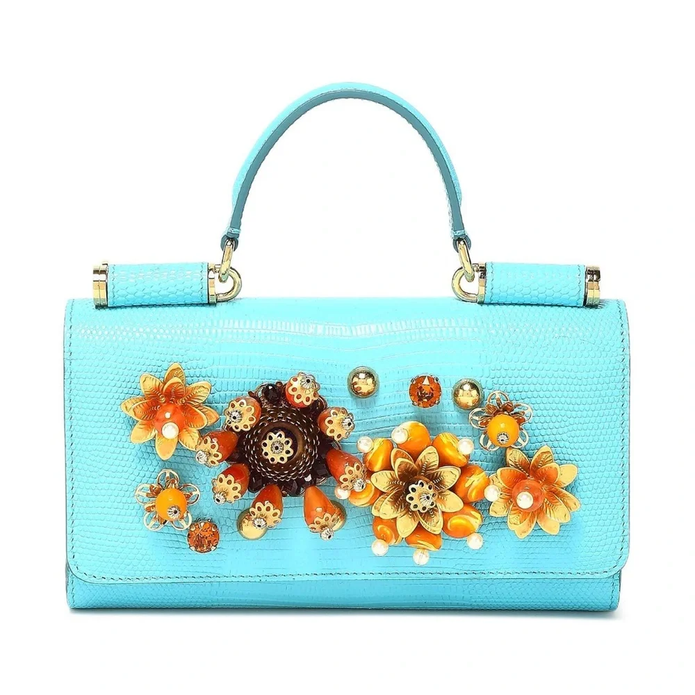 Dolce & Gabbana Turquoise Floral Embellished Top-Handle Clutch